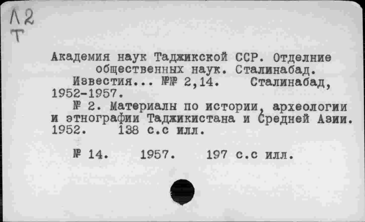 ﻿Академия наук Таджикской ССР. Отделние общественных наук. Сталинабад.
Известия... №№ 2,14. Сталинабад, 1952-1957.
№ 2. Материалы по истории, археологии и этнографии Таджикистана и Средней Азии. 1952.	138 с.с илл.
№ 14.	1957.	197 с.с илл.